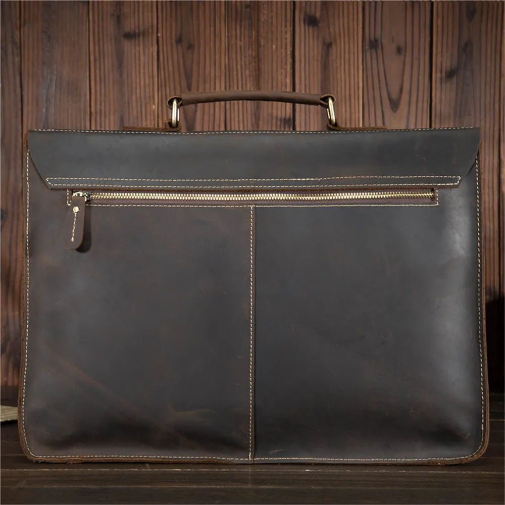 Men's Crossbody Laptop Bag Genuine Leather Business Briefcase Crazy Horse 15.6 Inches Handle Handbag Male Messenger Shoulder Bag