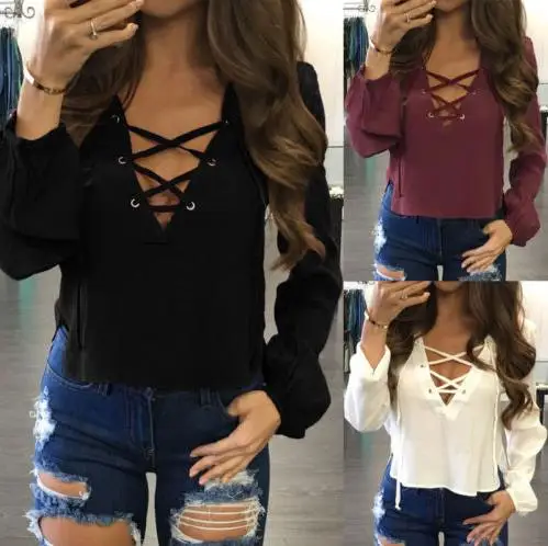 

Brand New Women Shirt Clothes Ladies Long Sleeve Loose Blouse Solid Color V Neck Bandage Casual Shirt Tops Clothing Costume
