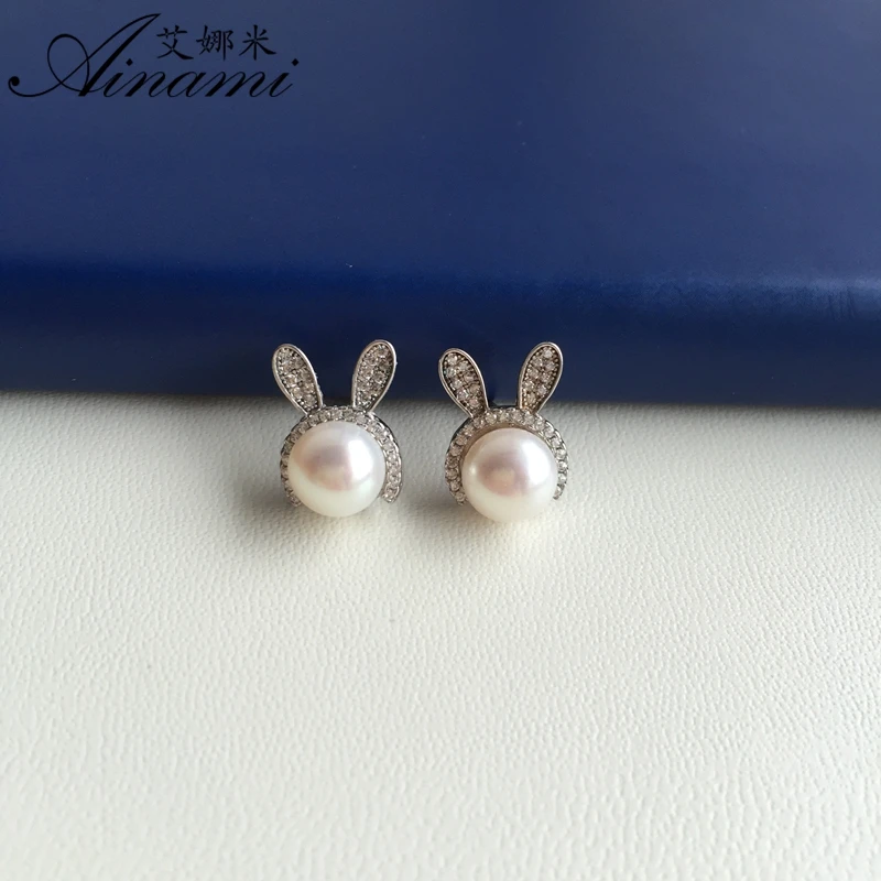 [Ainami] Rabbit Earrings 7-7.5mm Natural Freshwater Pearl Studs 925 Sterling Silver Brand Jewelry Free shiping | Украшения и