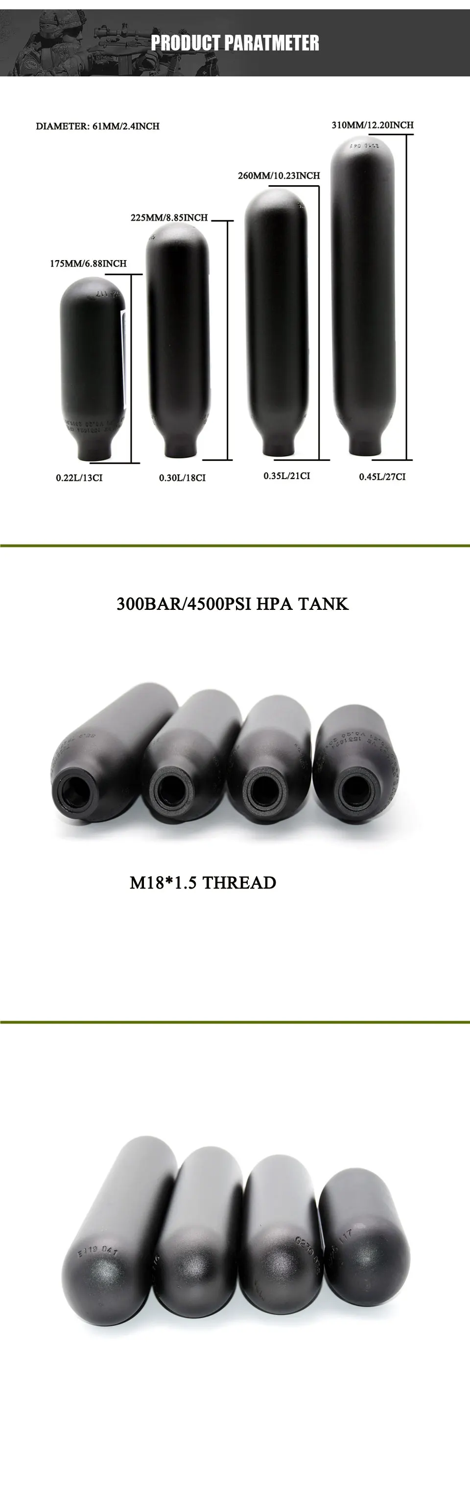 PCP AIR FORCE ROUND Цилиндр HPA Бутылка Алюминий 300BAR / 4500PSI M18X1.5