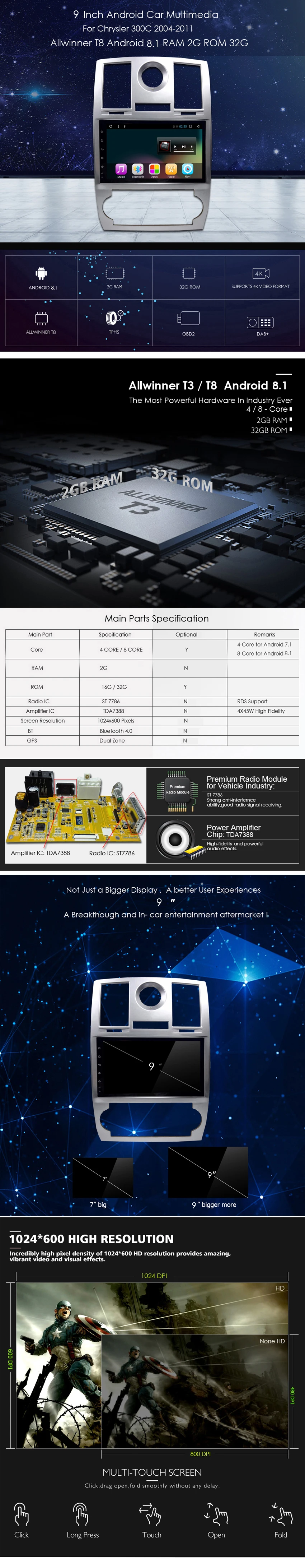 " Android 8,1 ram 2G rom 32G автомобильный DVD для Chrysler 300C 2004 2011 Автомобильный Радио мультимедийный плеер gps навигационная система головное устройство