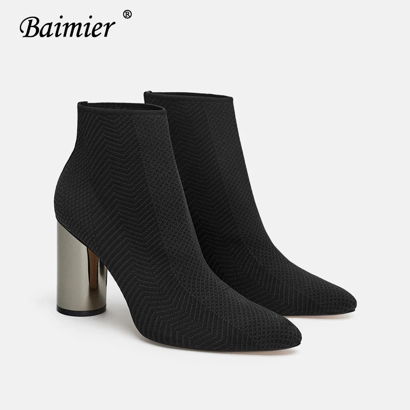 Baimier/зеленые эластичные вязаные женские сапоги-носки; серебристые женские ботильоны с круглым каблуком; короткие женские ботинки с острым носком без застежки