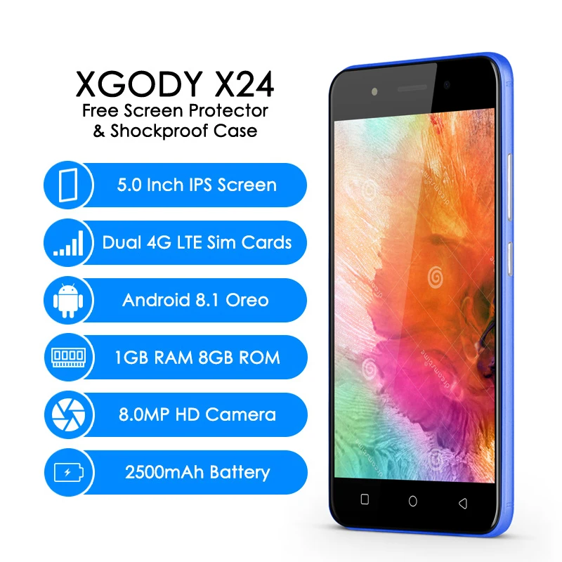 XGODY X24 двойной 4G Sim LTE Смартфон Android 8 1 Oreo 5 дюймовый мобильный телефон MTK6739 4 ядра GB +