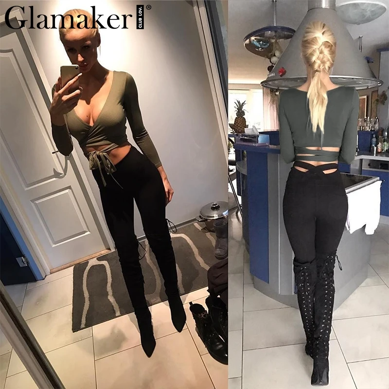 Женская футболка с длинным рукавом Glamaker летняя бандажная блузка зеленого цвета