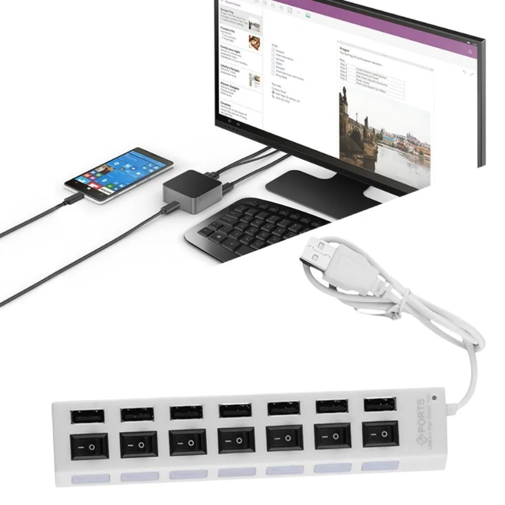 Высокое качество переключатель включения/выключения мини 7 портов USB 2,0 высокоскоростной концентратор Белый для ноутбука для ПК черный эргономичный дизайн