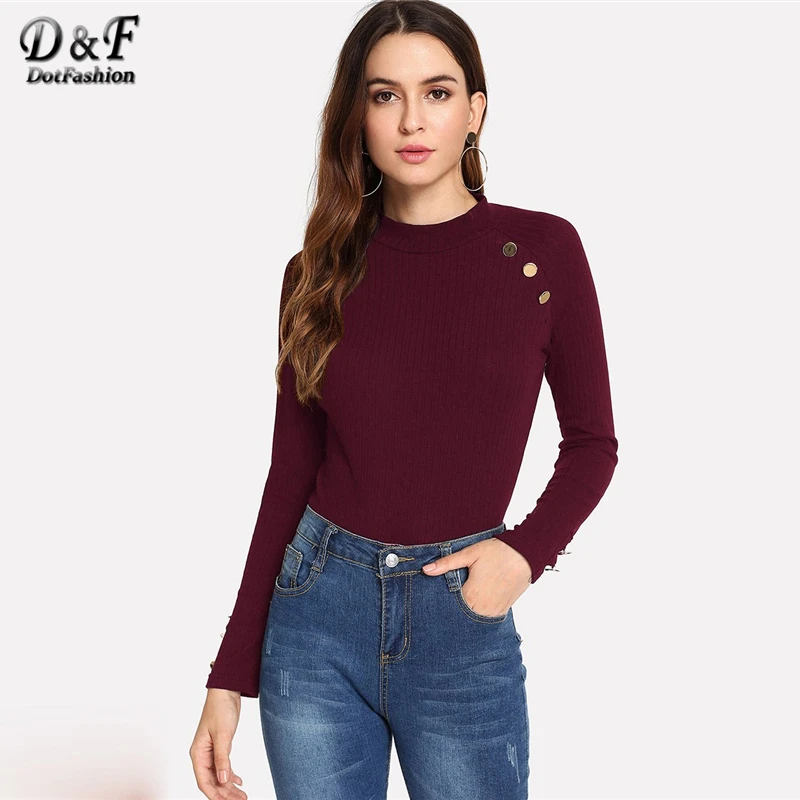 Dotfashion ребристая трикотажная футболка с пуговицами и имитацией шеи, осень, женская футболка с длинным рукавом, топы, повседневная одежда, облегающая простая футболка