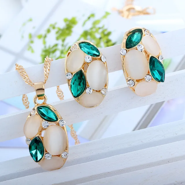 Luxurious Designer Jewelry sets Gold Color Chain with Opal and Colorful Crystal Water Drop Pendant Necklace and Stud Earrings 1