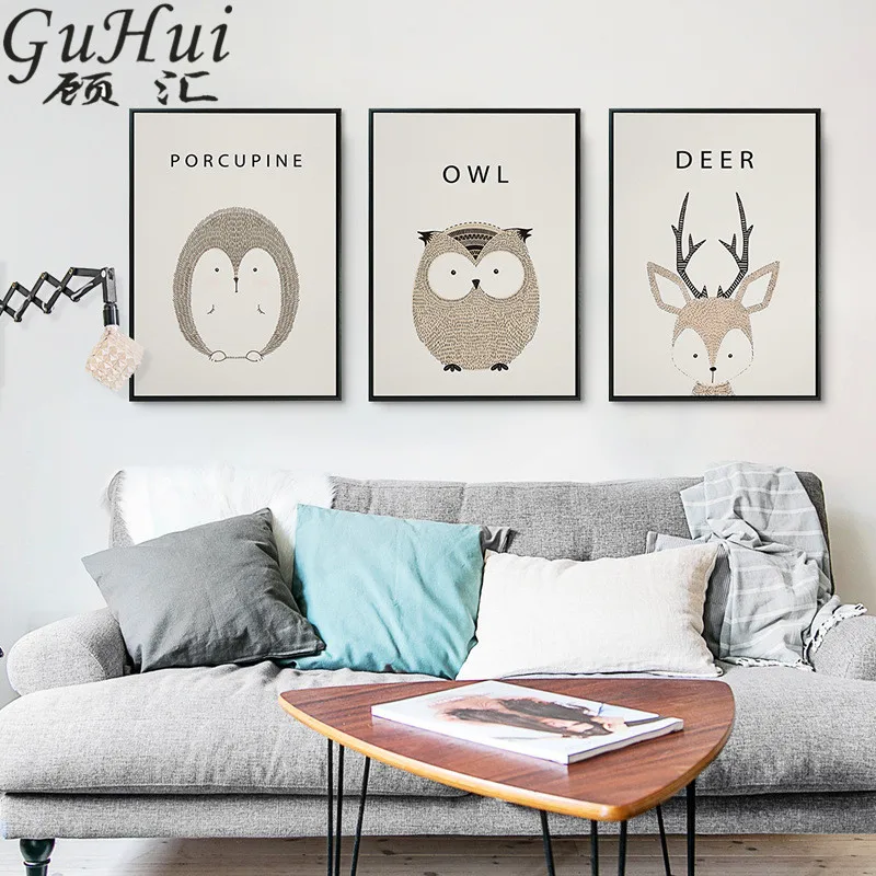 

Nordic Cartoon Animals Canvas Decorative Painting Cute Owl Deer Hedgehog Kid's Room Wall Picture Modern Posters