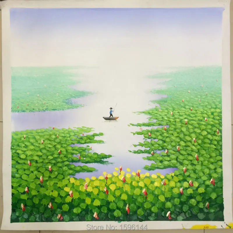 

Knife Oil Painting Hand made Landscape Green lotus leaf Wall art Picture for living room Modern Decorative canvas painting #988