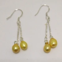 7 8mm double yellow natural drop pearl earring with sterling silver hook