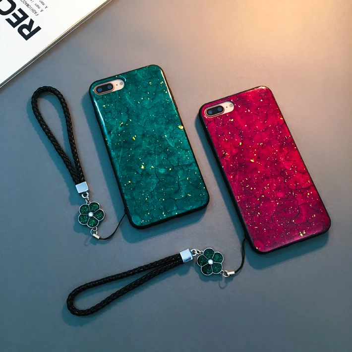 Retro Gold Foil Phone Case For iphone 6 6S 7 8 Plus Fashion Glitter Shining Cover x xs max xr with flower strap |