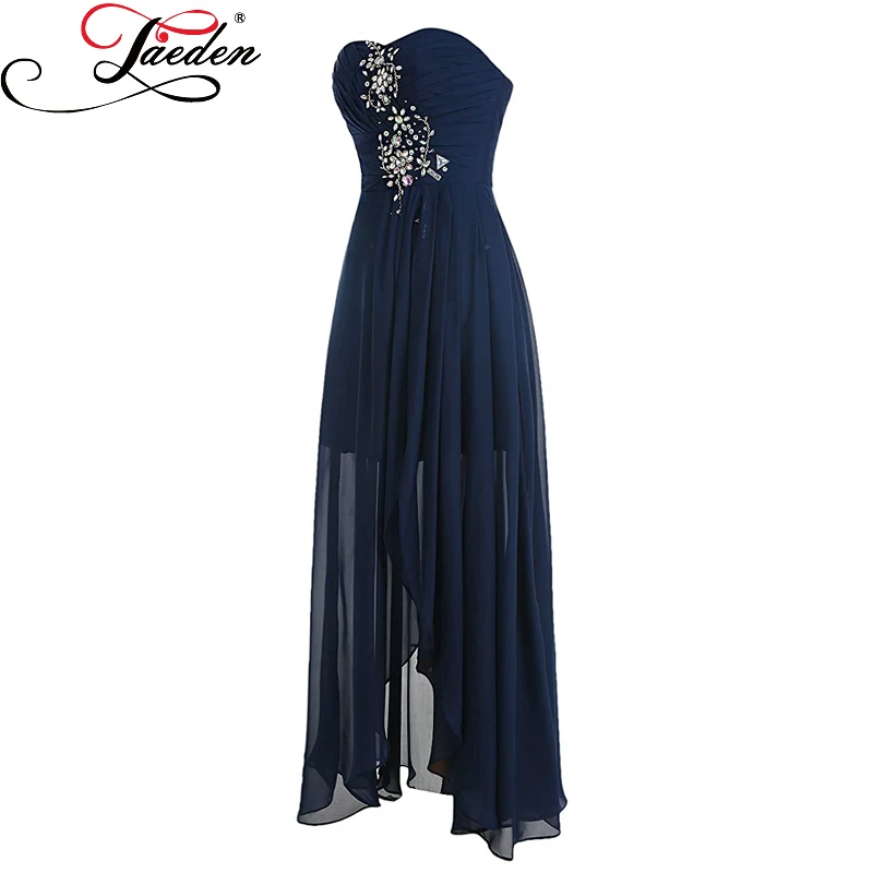 JAEDEN Dark Navy High-low Evening Dresses Beading Crystals Sexy Side Slit Chiffon Sleevelesess 2017 Sweetheart Neck Party Gowns | Свадьбы и