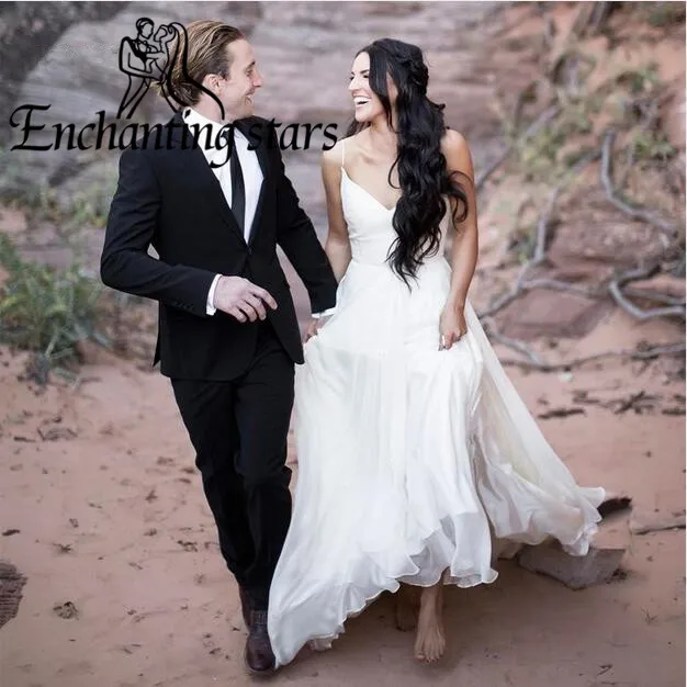 2017 Deep V-Neck Wedding Dresses White Organza Spaghetti Straps Vintage A-Line Bridal Party Dress Gown Real Simple Summer Style | Свадьбы и