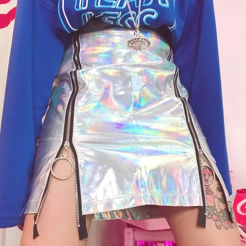 sliver zipper skirt Ретро 90s диско женские радужные Светоотражающие мини юбки Harajuku девушки искусственная кожа полиуретан юбка Уличная винтажная панк хип хоп юбка - Цвет: sliver zipper skirt