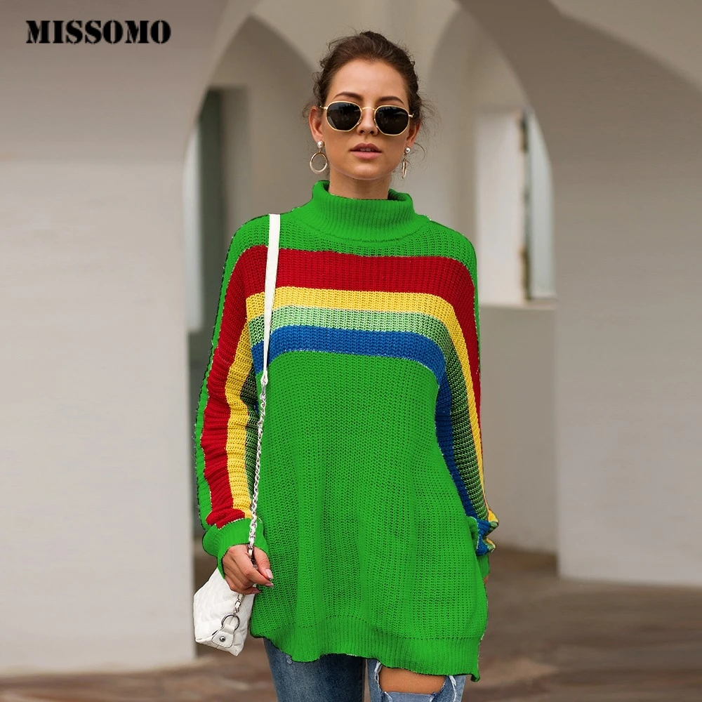 Женский трикотажный свитер MISSOMO с радужным принтом высоким воротником и длинным