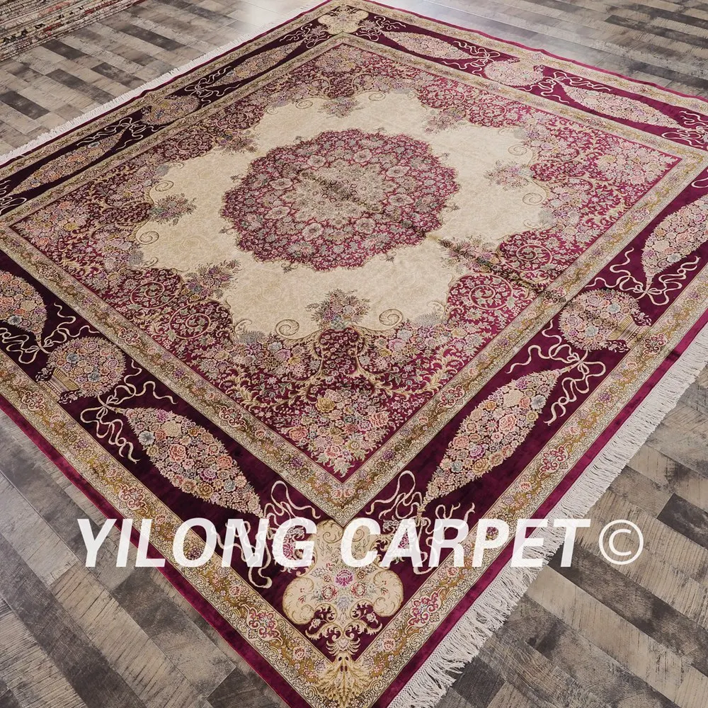 Yilong 10 'x 10' восточные квадратные ковры фиолетовый бежевый изысканный ручной