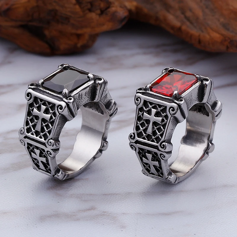 Новое винтажное мужское кольцо с большим красным Черным Камнем ретро крестом из