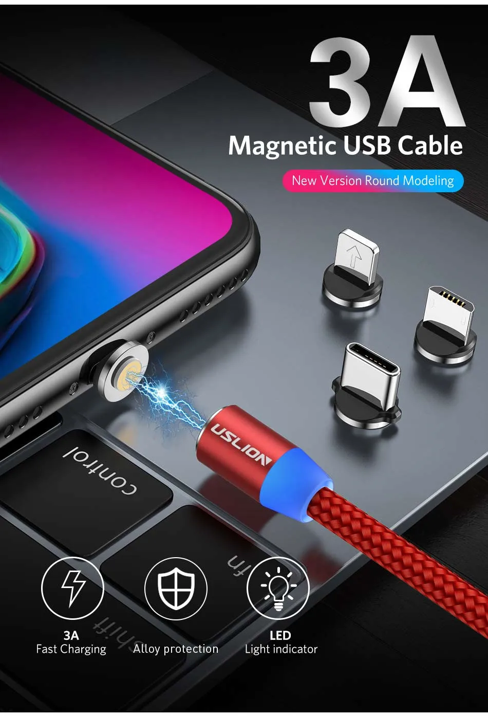 USLION 3а Магнитный usb-кабель для быстрой зарядки типа C микро-кабель с нейлоновой оплеткой Type-C магнитное зарядное устройство для Iphone XS 7 Samsung 1 м