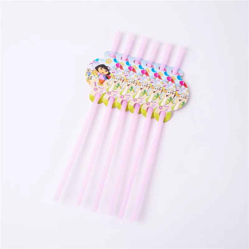 Straw 6 pcs Дора проводник тема Дети День рождения принадлежности одноразовые посуда бумажные чашки тарелки салфетки скатерть детский душ Декор - Цвет: Straw 6 pcs