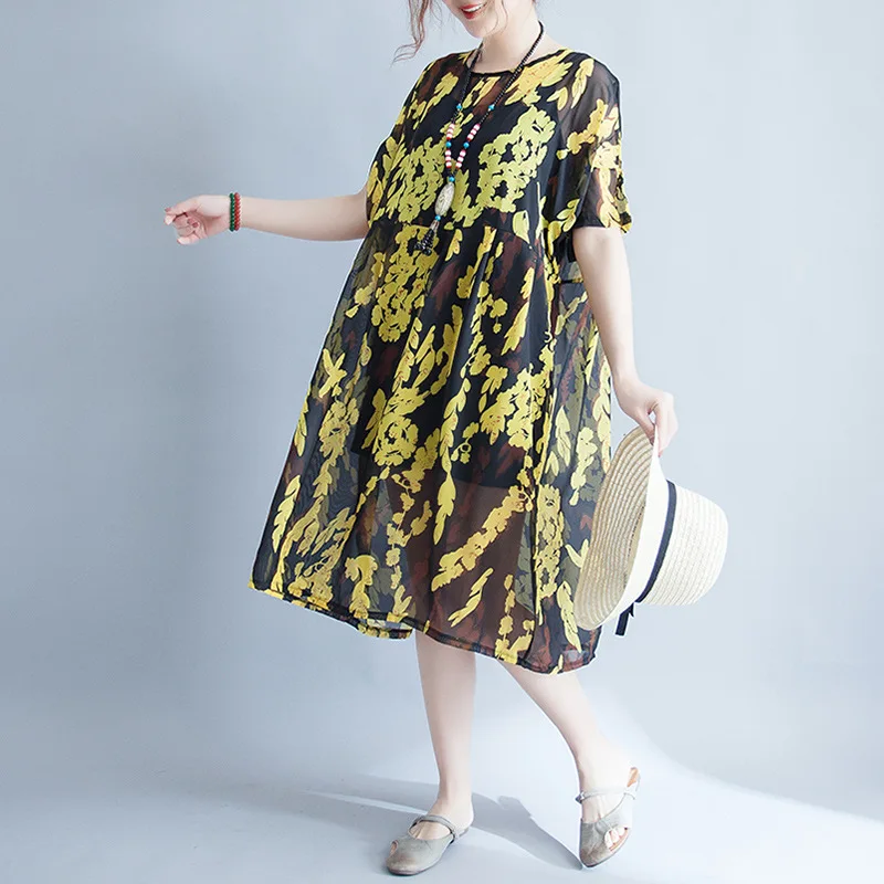 Yzeqi Women Bohemian Vintage Summer Dress Print Short Regular Thin Loose Big Swing Ladies Beach Casual Elegant Dresses | Женская одежда