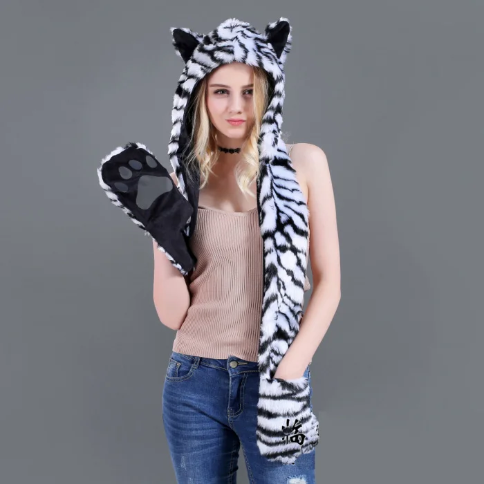 Tiger-white Качество Crazy Fox Драгоценный искусственный мех капюшон Huskie животных шапка с ушками и ручными карманами 3 в 1 Функция - Цвет: Tiger-white