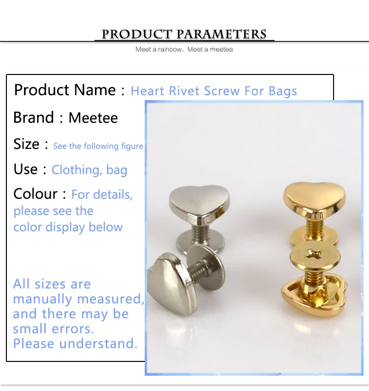 20Pcs 1x1cm Heart Rivet Screw For Bags Hardware Handbag Decorative Studs Button Nail Metal Buckles Snap Hook Leather Craft