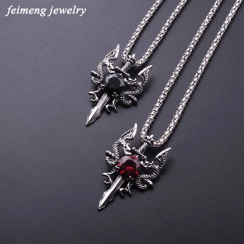 2020 в стиле панк Рок меч дракон кулон ожерелье красный/черного цвета с украшением