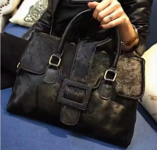 2019 split leather women's handbag real horsehair shoulder bag large capacity with belt buckle | Багаж и сумки