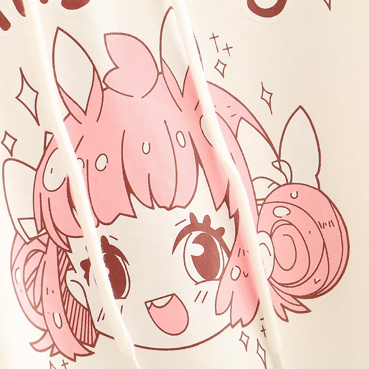 Милая толстовка с капюшоном Женская толстовка с капюшоном Kawaii мультяшный принт лента Толстовка Милая с длинным рукавом Женский пуловер толстовки T592