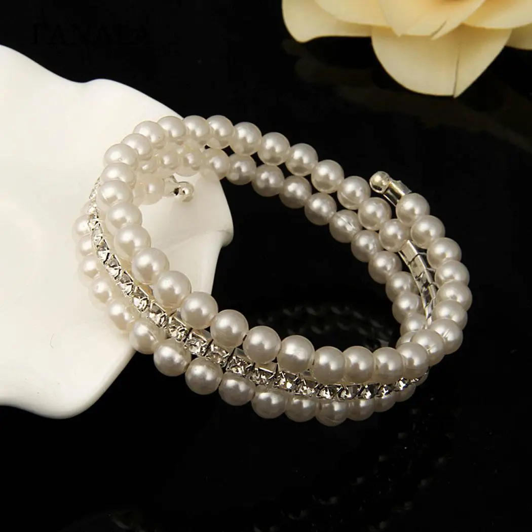 Multilayer Women Fashion Faux Pearl Rhinestone New Open Bangle Bracelet | Украшения и аксессуары