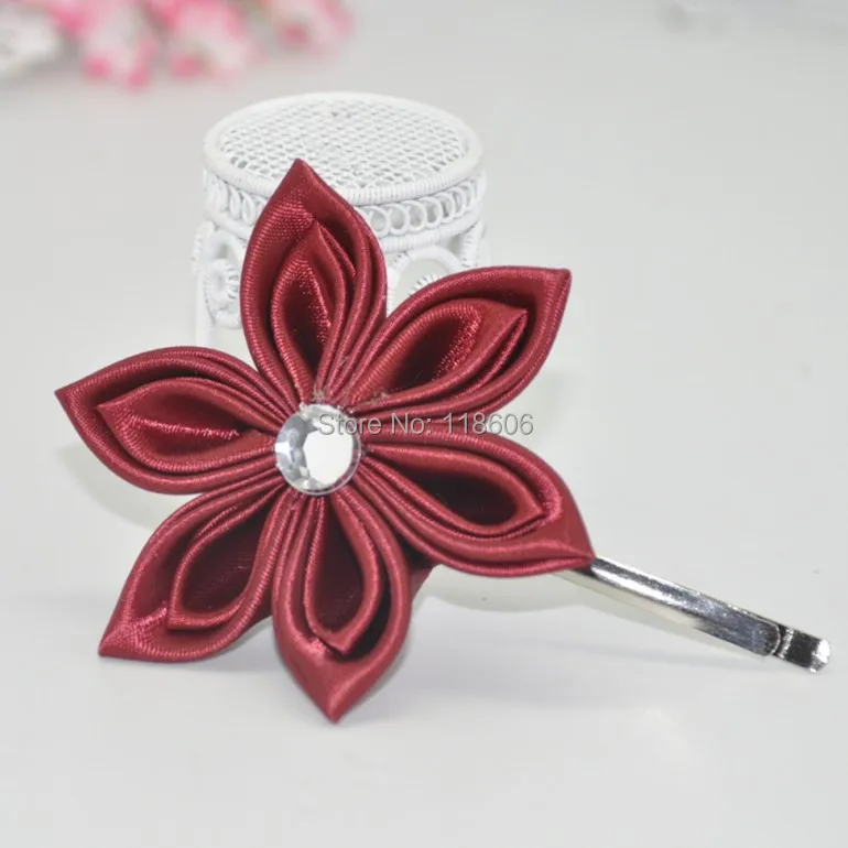 

Free Shipping 50pcs Satin Ribbon Kanzashi Flower Rhinestone Hair Accessories WITHOUT CLIP