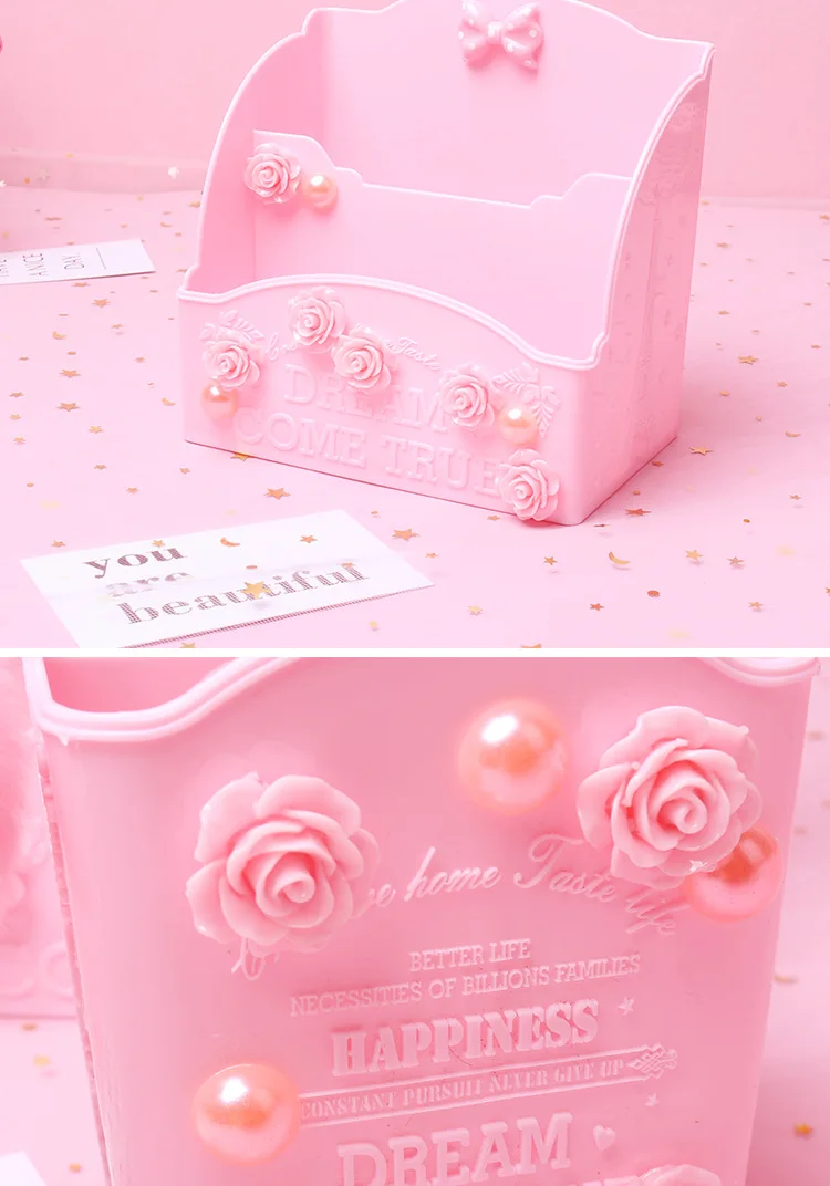 Pink Carve Cosmetic Brush Storage Box Holder Makeup Skin Care Rack Mobile Phone Stationery Organizer Container Pencil Bucket Bin