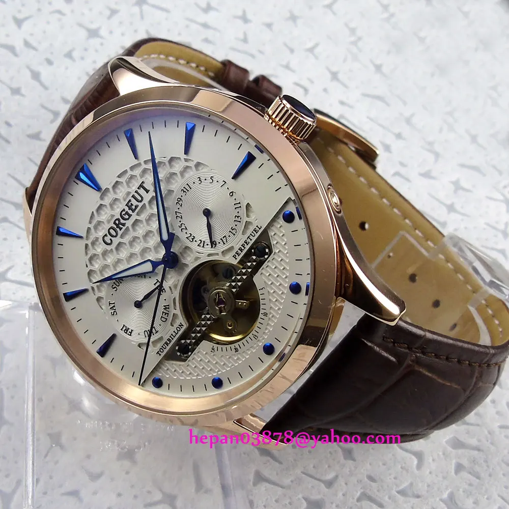 44mm Corgeut White dial blue hands Domed glass Golden case week&ampdate Multifunction Automatic movement men's watch P206 | Наручные