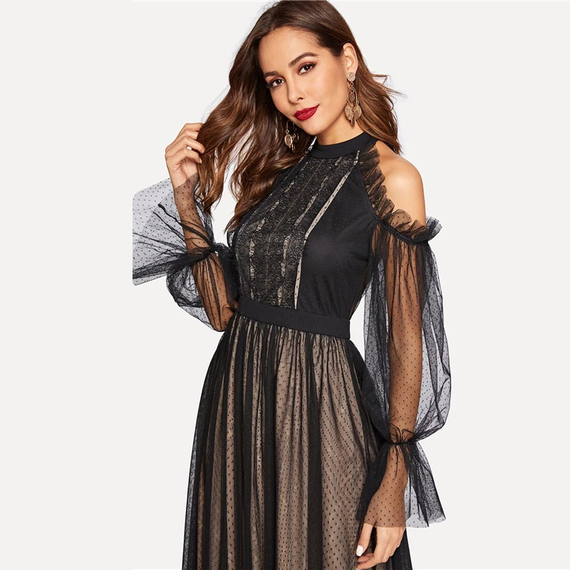 Sheinside/черное Сетчатое платье в горошек с открытыми плечами для женщин, лето, рукав-волан, трапециевидные платья, женское контрастное платье с высокой талией