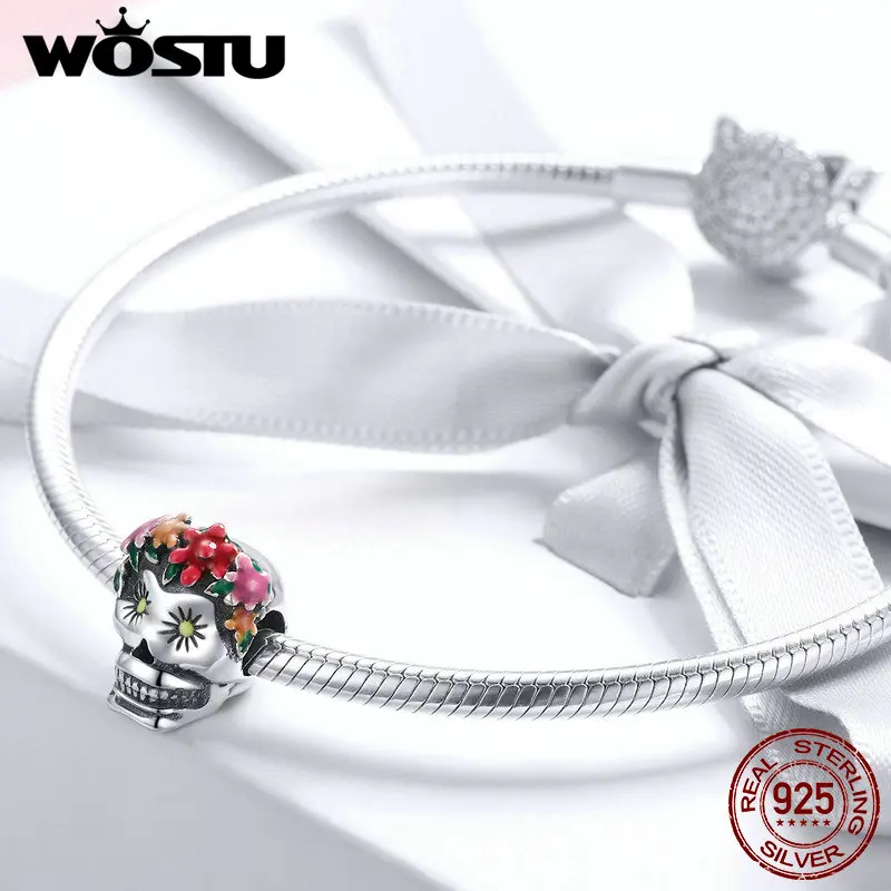 WOSTU подлинный 925 пробы серебряный череп цветок эмаль шарик талисманы подходят DIY браслет ожерелье Хэллоуин ювелирные изделия CQC888