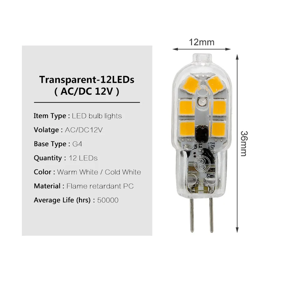 Transparent 10 шт./лот, 3 Вт, 12 Светодиодный s SMD 2835 G4 светодиодный светильник, переменный ток, постоянный ток, 12 В, лампочка, светильник, замена 20 Вт, 30 Вт, галогенная лампа для люстр, Теплый Холодный белый цвет - Испускаемый цвет: Transparent