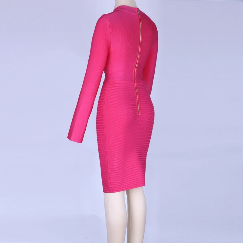 Ocstrade, Vestidos, Бандажное платье,, женское, новое, модное, ярко-розовое, Бандажное платье, сексуальное, с вырезами, Клубные, вечерние, с длинным рукавом, облегающее платье