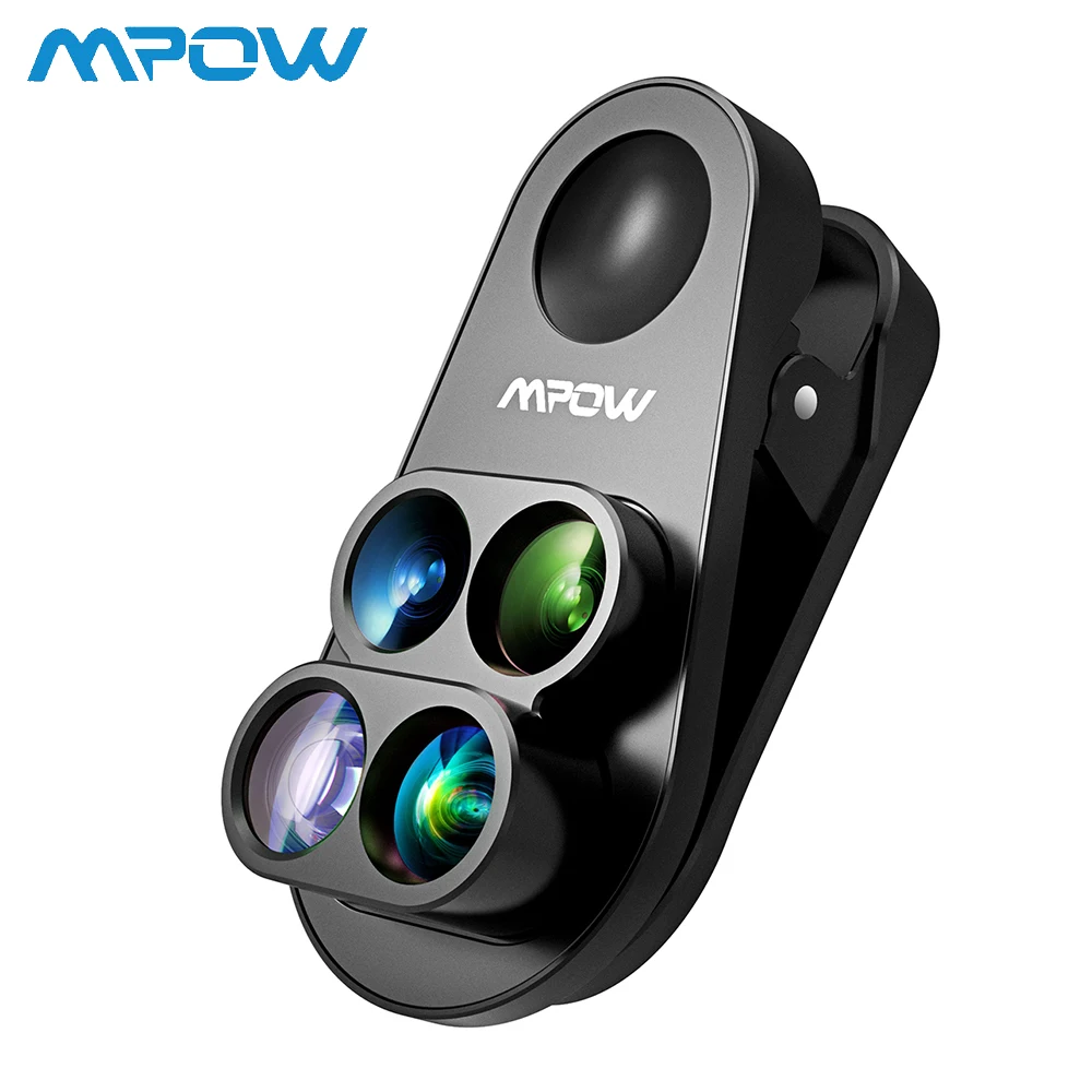 Mpow 4 в 1 клип на камеру двойной объектив Комплект 0.65X Широкоугольный Рыбий глаз 10X макрообъектив 1.5X телеобъектив для iPhone 8 7 6 6 s/plus
