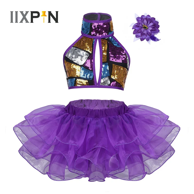 

IIXPIN Kids Girls Ballet Jazz Dance Dress Halter Shiny Sequins Dance Costume Strappy Crop Top with Tutu Dress Flower Hair Clip