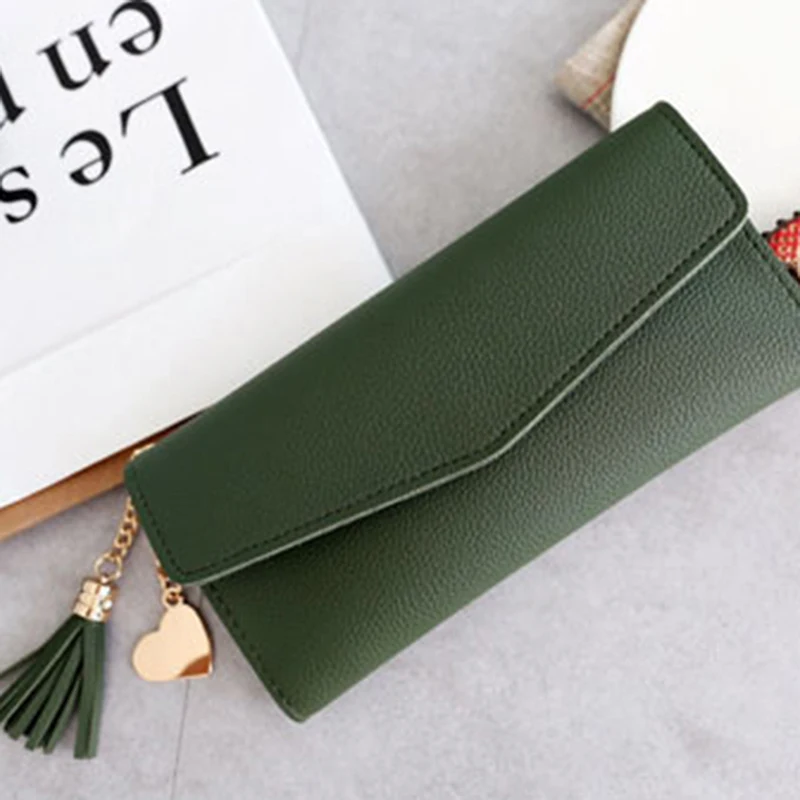 dark green Длинный кошелек, женские кошельки с кисточками, модный кошелек для монет, держатель для карт, кошельки, женский клатч, сумка для денег, кошелек из искусственной кожи - Цвет: dark green