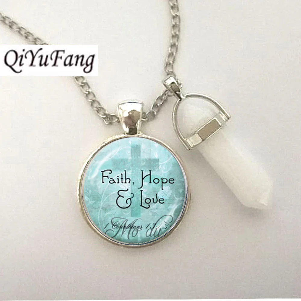 

QiYuFang Christian Necklace Crystlal Bible Love Hope Faith Quote Jewelry 1 Corinthians 13:13 Verse from the Bible Cross Pendant