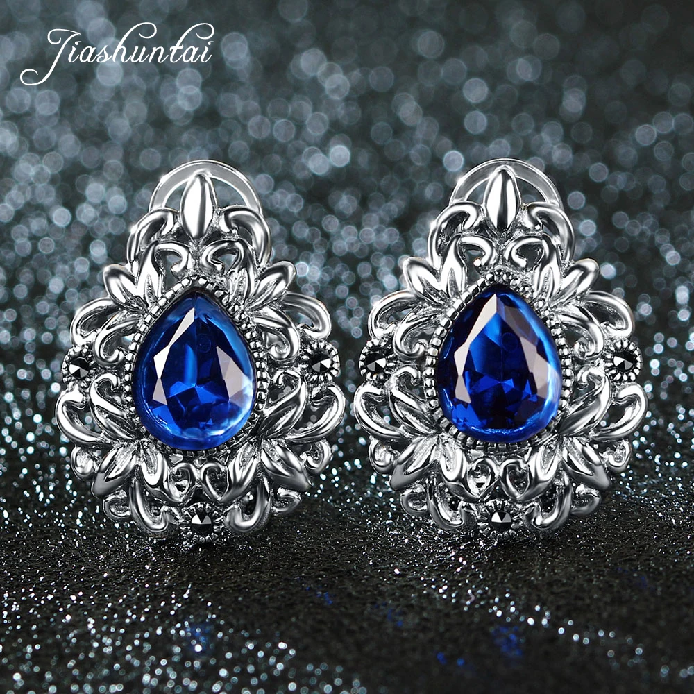 

JIASHUNTAI Retro 100% 925 Sterling Silver Clip Earrings For Women Natural Precious Stones Vintage Thai Silver Earring Jewelry