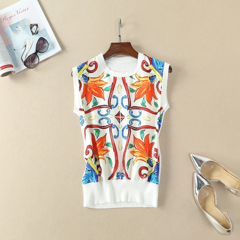 Мода 2018 новые трикотажные пуловеры без рукавов с принтом свитера высокого