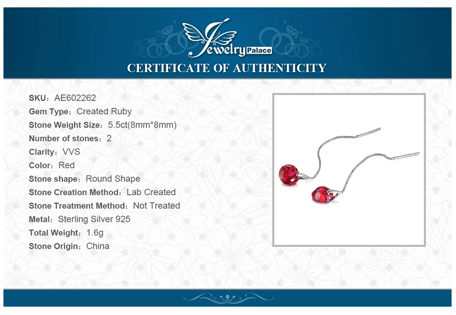 Jewelrypalace модные 5.59ct круглый СОЗДАН RUBY нити Серьги 925 серебро Ювелирные украшения