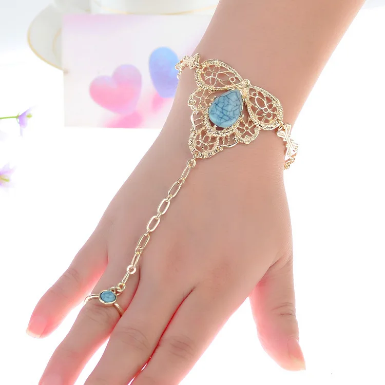 Fashion Jewelry Gold Ring Attached to Bracelet for Women Plated Conjoined Inlay Turquoise | Украшения и аксессуары