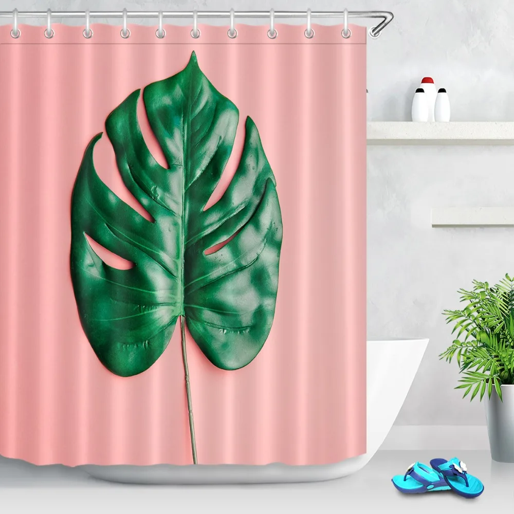 LB зеленые листья монстеры розовая занавеска для душа с ковриком ванная комната