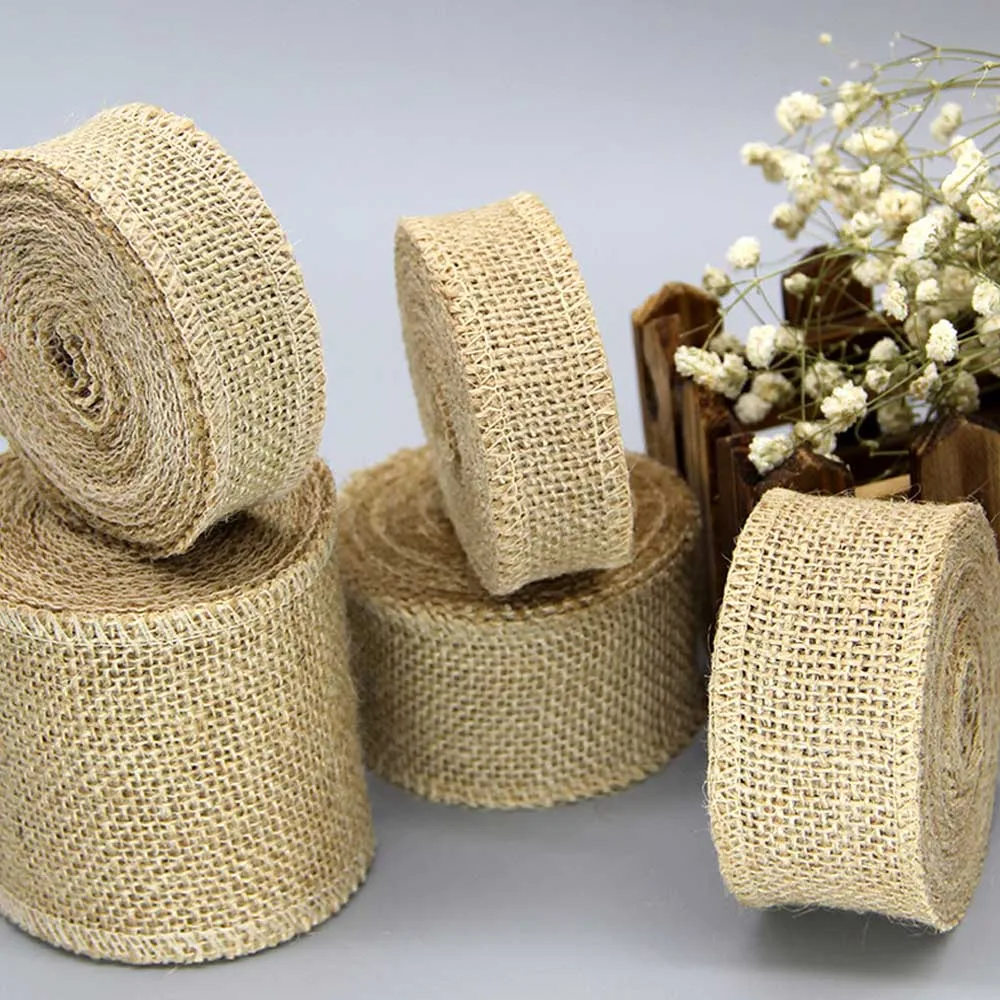 

IBOWS 2yards/roll Jute Burlap Ribbon Natural Hemp Ribbon for DIY Bag Material Wedding Party Crafts Decorative Gift Warrping