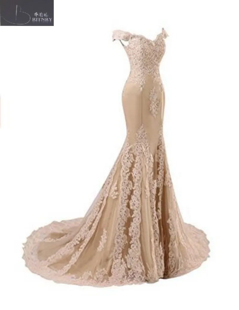 Винтажные свадебное платье с открытыми плечами Труба суд Поезд молния Назад