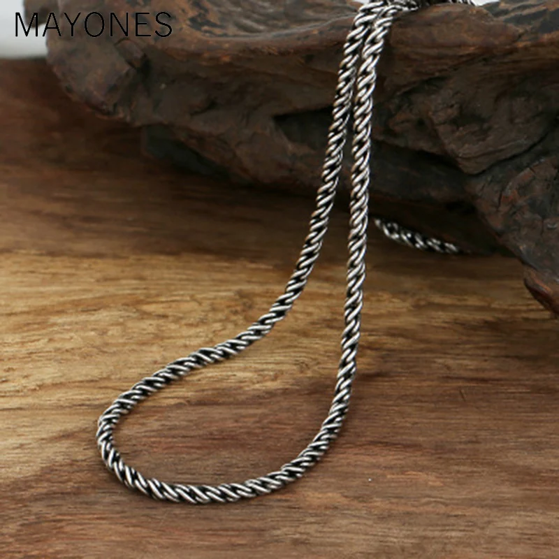 3mm width s925 silver male coarse hemp rope necklace vintage thai silver necklace silver pendant silver chain