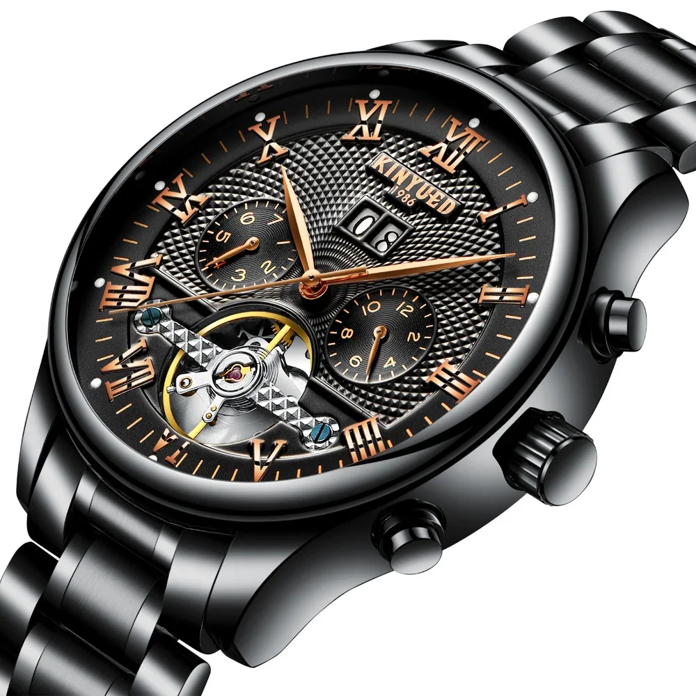 Мужские часы KINYUED Skeleton автоматические водонепроницаемые механические Flying Tourbillon